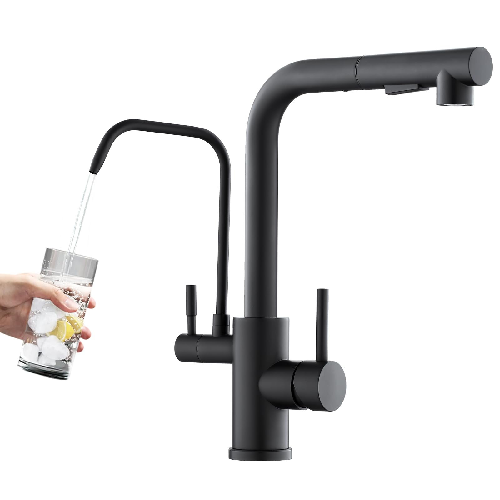 Rovogo Kitchen Faucet With Filtered Drinking Water Spout And Pull Out Sprayer, Dual Handle Single Hole, Stainless Steel, Black