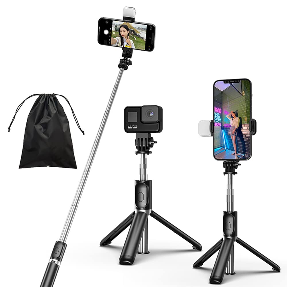 Komi Selfie Stick Tripod With Light,4 In 1 Portable Iphone Tripod With Detachable Wireless Remote,Compatible With Iphone 16/15 Pro Max/15/14 Pro/14/13,Gopro,Samsung,Lg,Google (Black+Light)