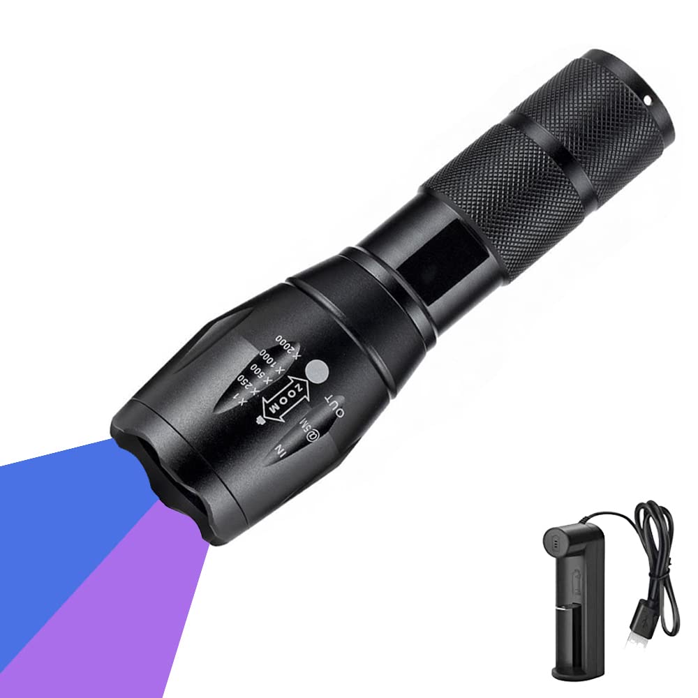Proforus Uv Flashlights Rechargeable, Ultraviolet Flashlight 365Nm & 395Nm Double Uv Light Source Blacklight Flashlight Torch 2 In 1 Zoomable For Detect Pet Urine Stains Scorpions Art Photography