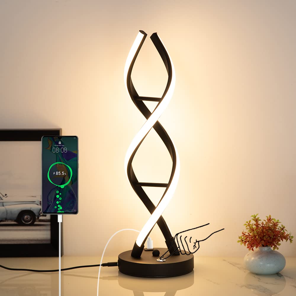Eidearay Led Modern Table Lamp, Stepless Dimmable Spiral Table Lamps For Bedroom, 3 Colors Touch Control Bedside Nightstand Lamp With 1 Usb Charging Ports, Desk Lamps For Living Room Office (Black)