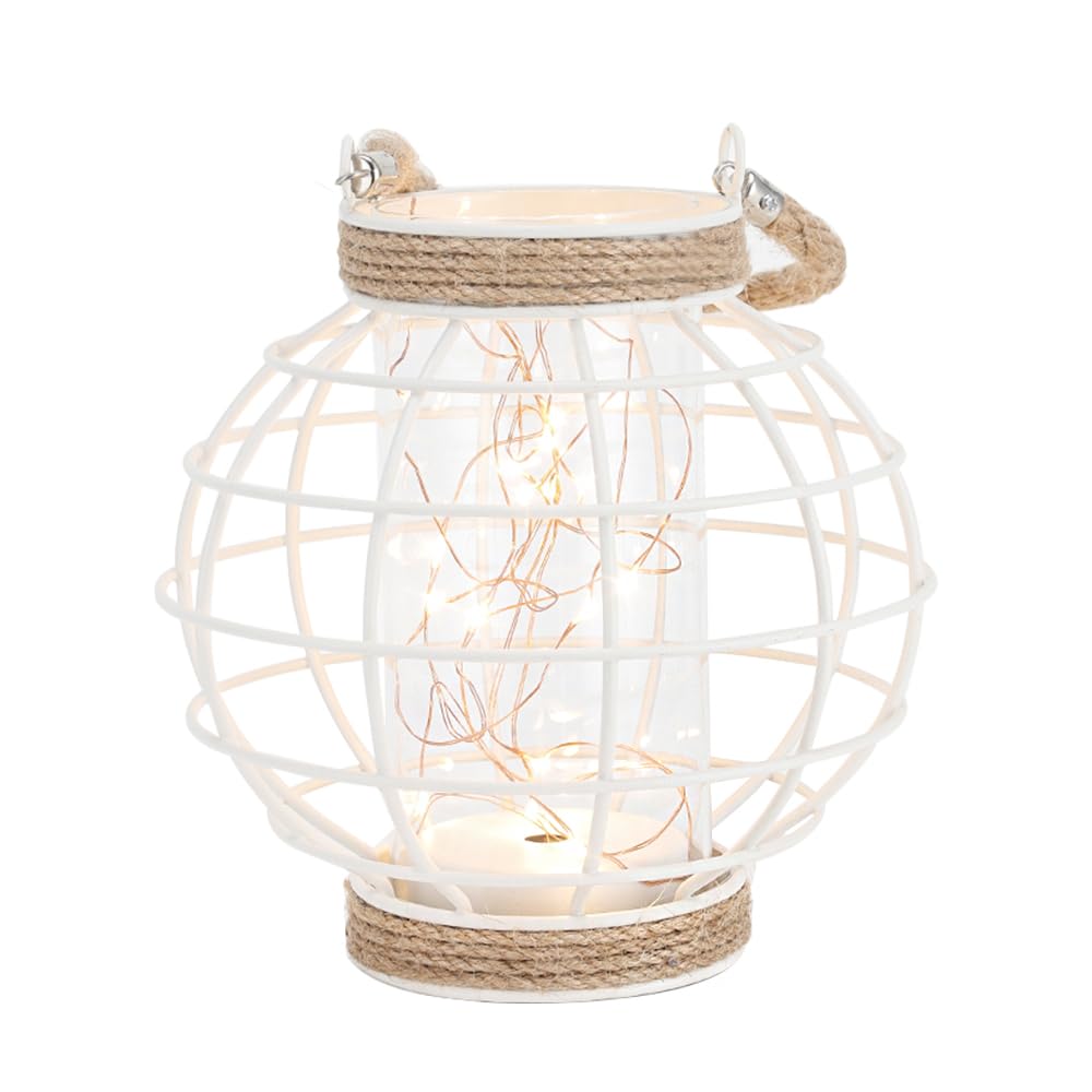 Jhy Design Metal Cage Led Lantern Battery Powered,7.3" Tall Cordless Accent Light With 20Pcs Fairy Lights.Great For Weddings, Parties, Patio, Events For Indoors/Outdoors(White)