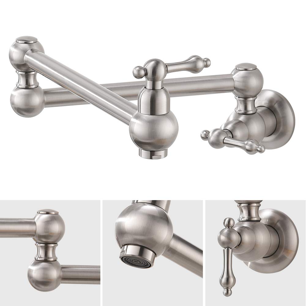 Vokim Pot Filler Faucet Wall Mount Brushed Niickel Kitchen Faucet,With Double Joint Swing Arms,Single Hole, 2 Handles Faucet