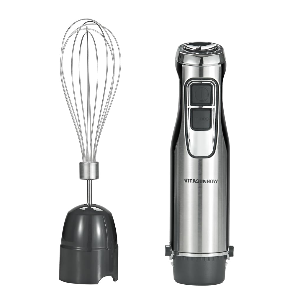 Vitasunhow Immersion Hand Blender, 4-In-1 Stainless Steel Handle Blender, 500W 6 Varible Speeds & Turbo, 600Ml Mixing Beaker,500Ml Food Processor, Whisk