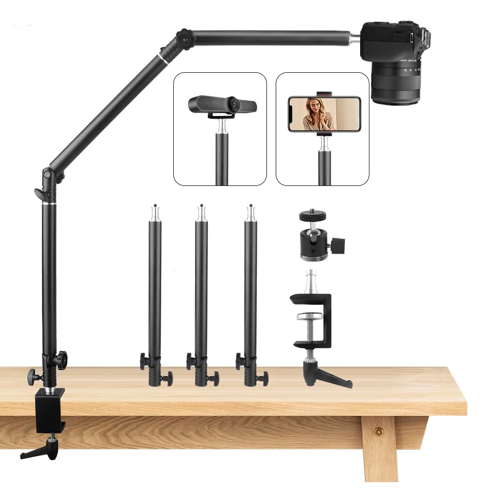 Jebutu Heavy Duty Overhead Camera Desk Mount Stand 14.5"-41" With 1/4" Screw, 3-Section 360°Rotatable Detachable Articulating Boom Arm With Enlarged Handle C Clamp, Tabletop Light Stand For Streaming Vlog