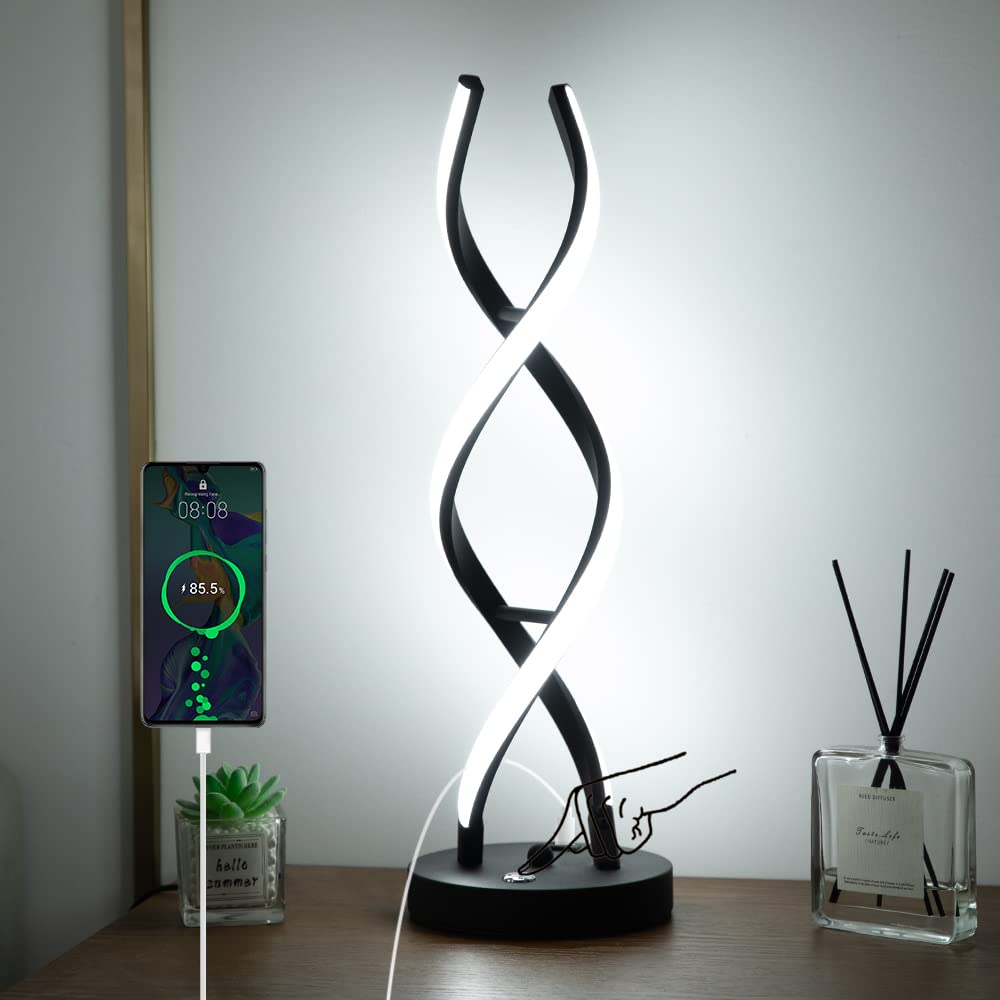 Eidearay Led Modern Table Lamp, Stepless Dimmable Spiral Table Lamps For Bedroom, 3 Colors Touch Control Bedside Nightstand Lamp With 1 Usb Charging Ports, Desk Lamps For Living Room Office (Black)