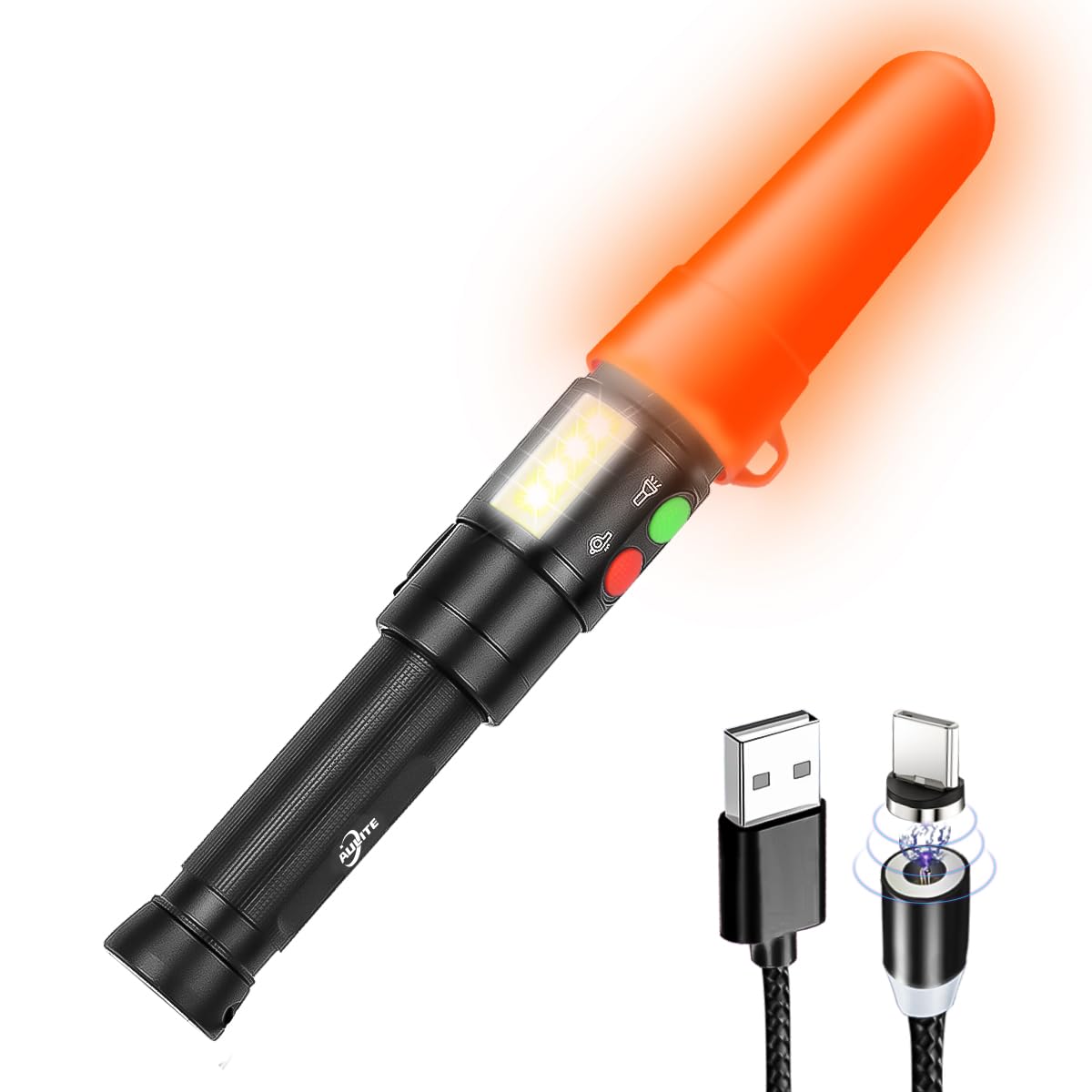 Aulite Electronic Whistle Wand Flashlight For Traffic,Training Usb C & Magnetic Rechargeable,Cob Light,Magnets Base
