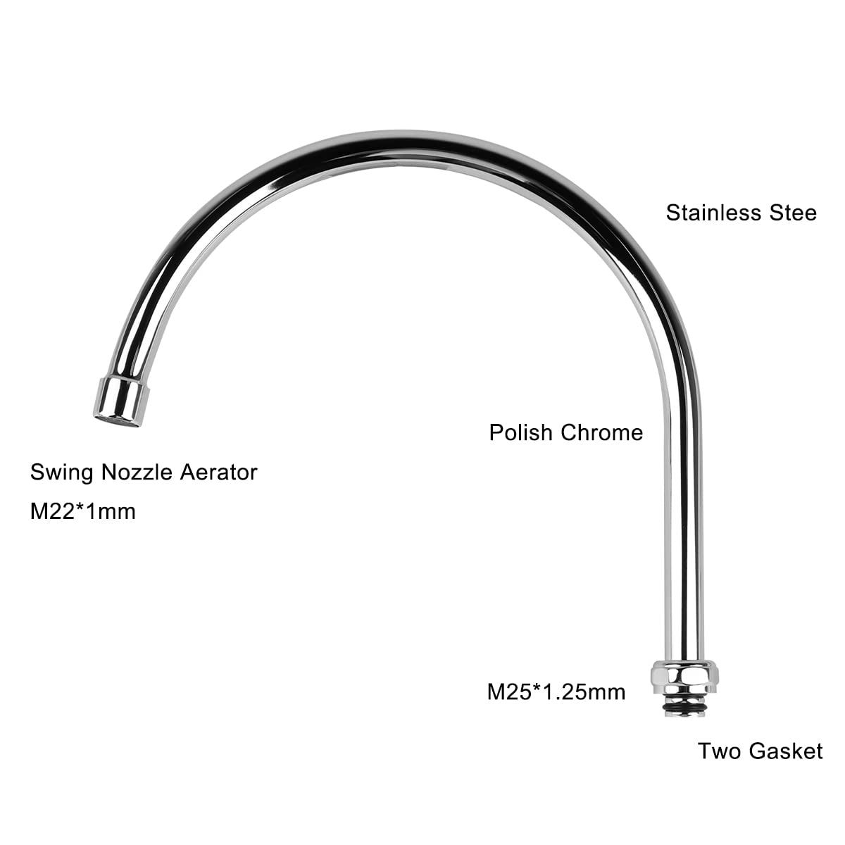 Kwode 10 Inch Gooseneck Swivel Spout For Most Commercial Kitchen Sink Faucet With M25 1.25 Connector Swing Nozzle Add-On Spout Replacement Parts Chrome Polished Finish