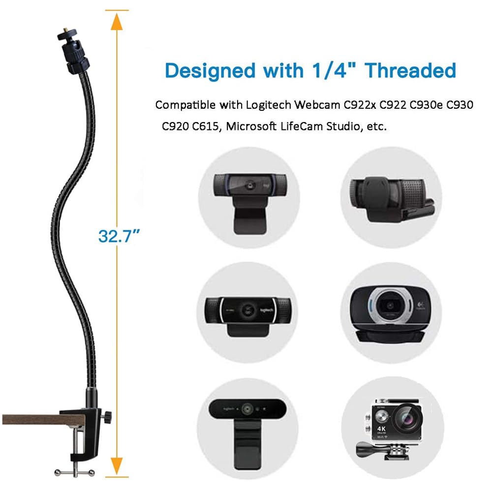 Etubby Webcam Stand Holder 27" Adjustable Gooseneck Desktop Camera Desk Clamp Mount For Logitech Webcam C925X, C922, C930E, C930, C920, C615, Etc. (1/4" Threaded)