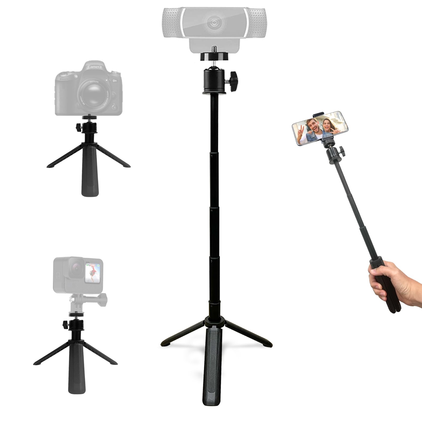 Khazylorr Webcam Tripod For Desk, Mini Tripod For Webcam Extendable Small Tripods For Camera 5 Levels Adjustment 360 Swivel, Desktop Webcam Stand For Logitech Webcams Iphone Samsung And Action Camera