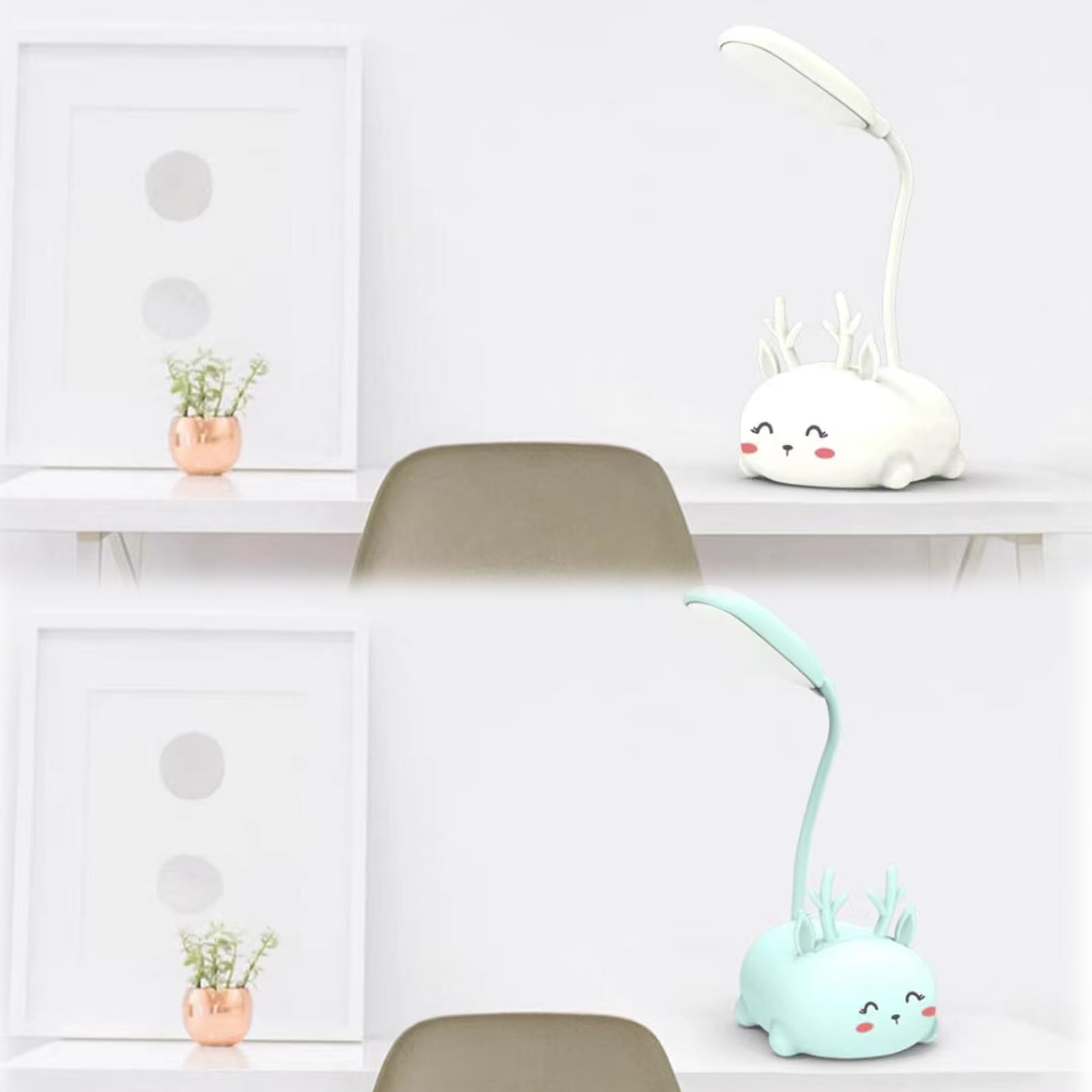 Neioaas Cute Elk Lamp Usb Rechargeable Reading Light,Led Desk Lamp For Kids, Portable Led Table Light, Flexible Gooseneck Eye-Care Cartoons Small Desk Lamp Girls (White)