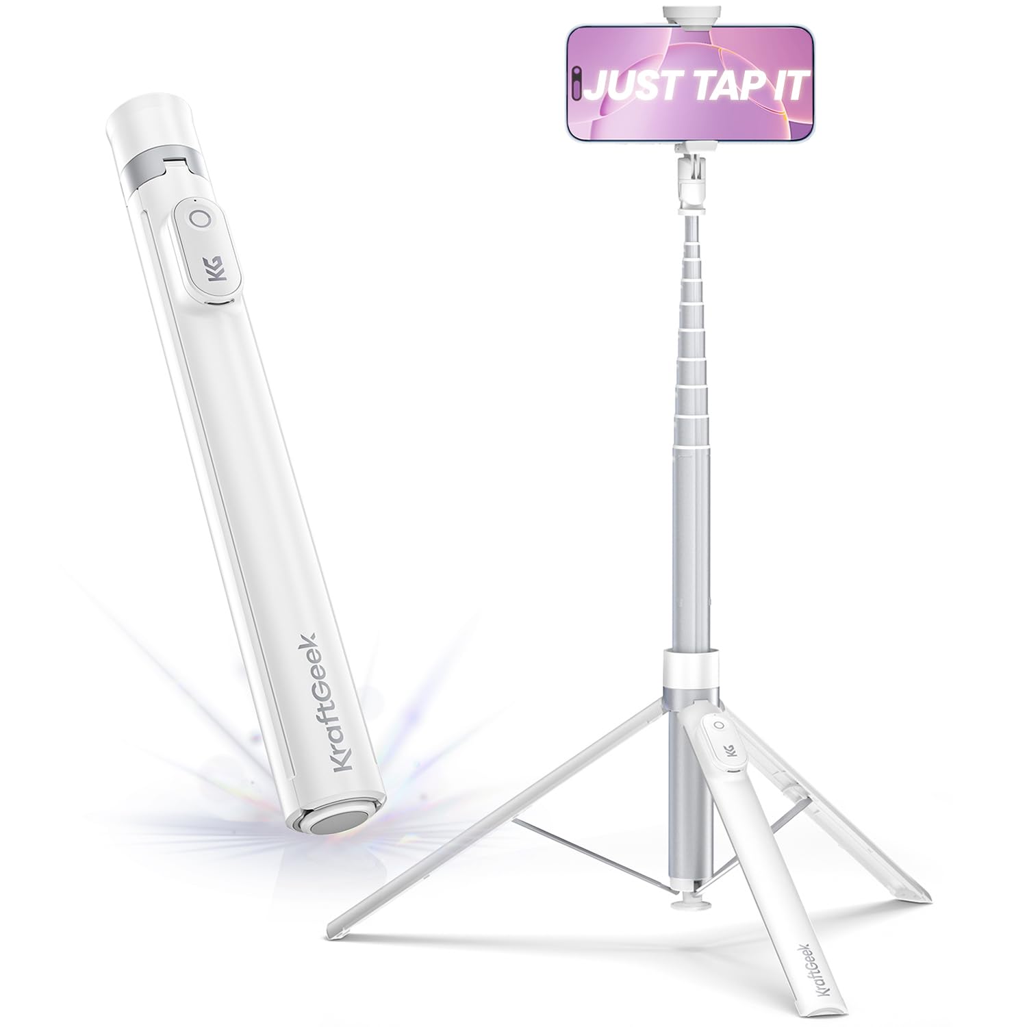 Kraftgeek Tripod For Iphone, 66” Justtap Phone Tripod, Selfie Stick Cell Phone Stand For Recording Travel, Content Creator Essentials, White