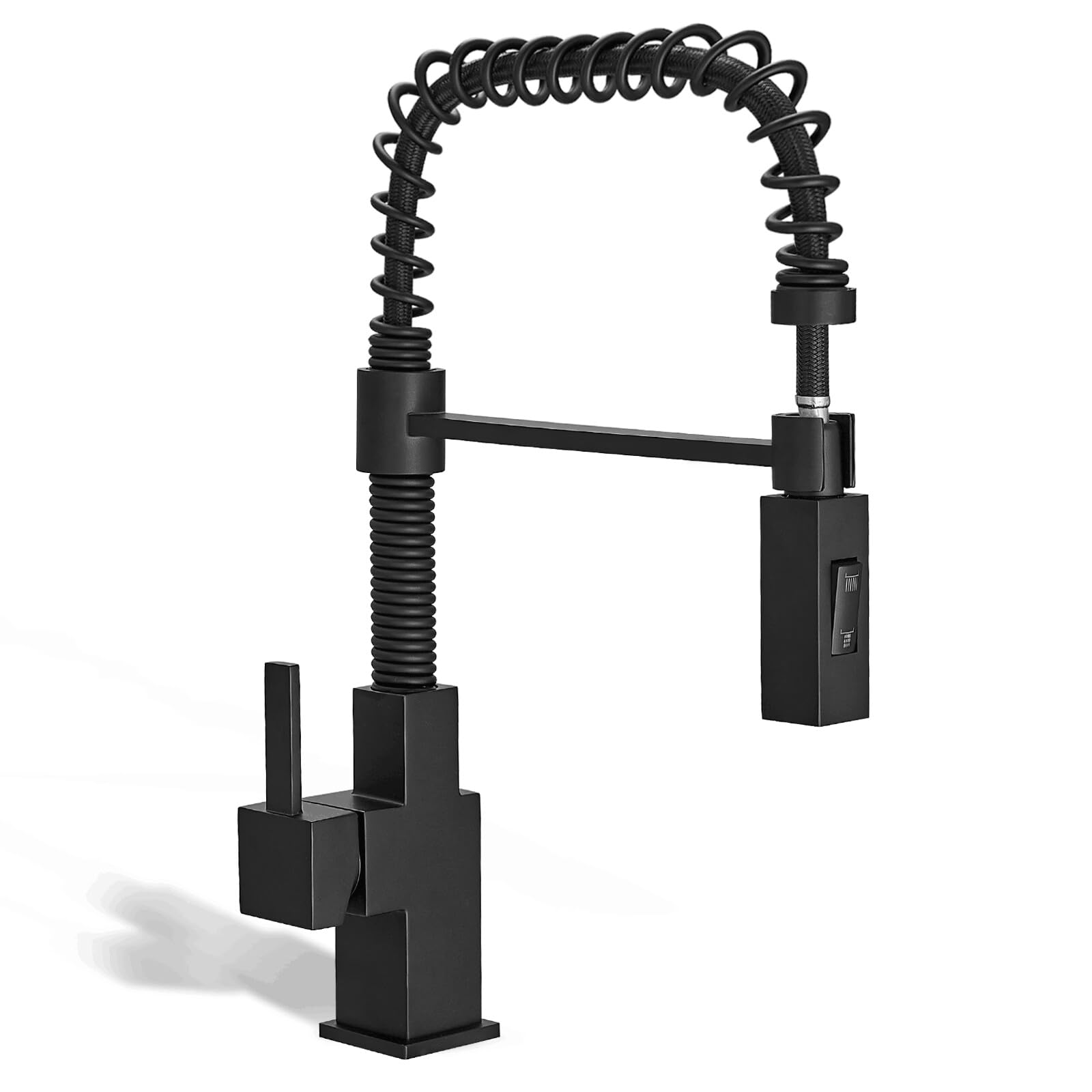 Besy Morden Square Matte Black Kitchen Faucet, Single Handle 2 Function Pull Down, Commercial Solid Brass Spring Rv Square Kitchen Sink Faucet With Pull Down Sprayer Laundry Faucet