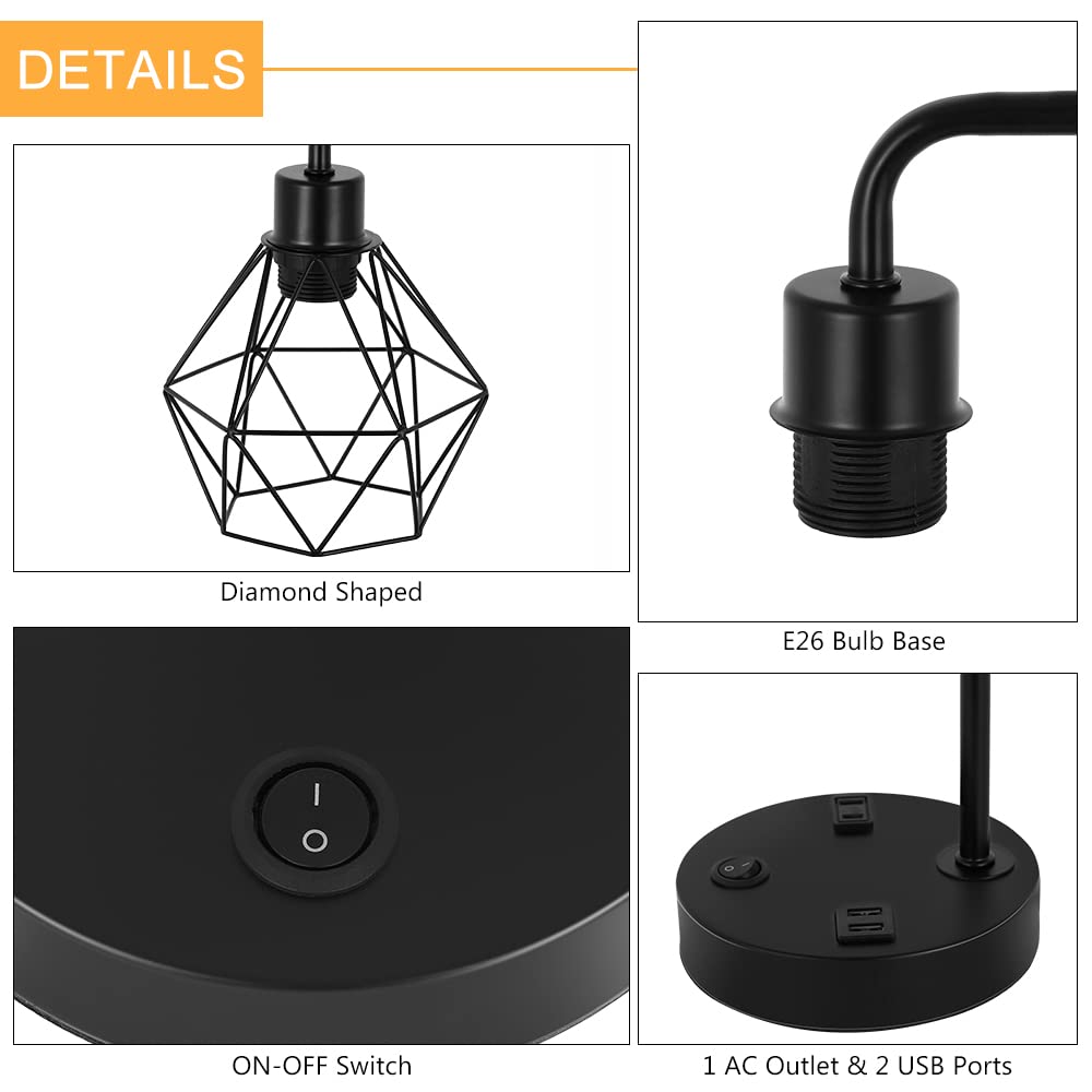 Bty Industrial Table Lamps Set Of 2 Vintage Desk Lamp Metal Cage Nightstand Bedside Lamp With Dual Usb Charging Ports And Ac Outlet For Bedroom Living Room Office (Black)