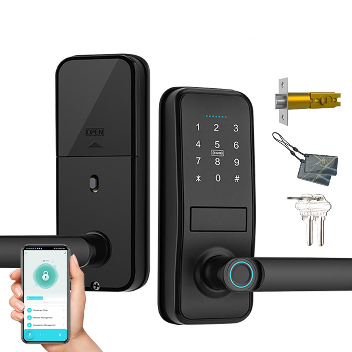Xenocam Smart Lock, Keyless Entry Door Lock With Sleek Matte Black Handle, Electronic Keypad Deadbolt, Fingerprint & Touchscreen Keypad, Biometric Door Lock, Bluetooth Smart Lock For Front Door (Black)