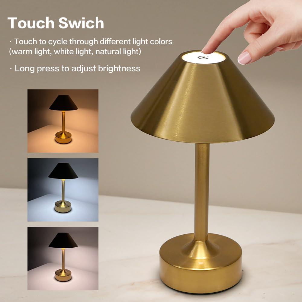 Cocugaowin Cordless Table Lamp - Rechargeable Night Light With 2000Mah Battery, Touch Control, Dimmable White/Warm/Neutral Light, Adjustable Height, Usb Charging, Ambient Led Bedside Lamp (Gold)