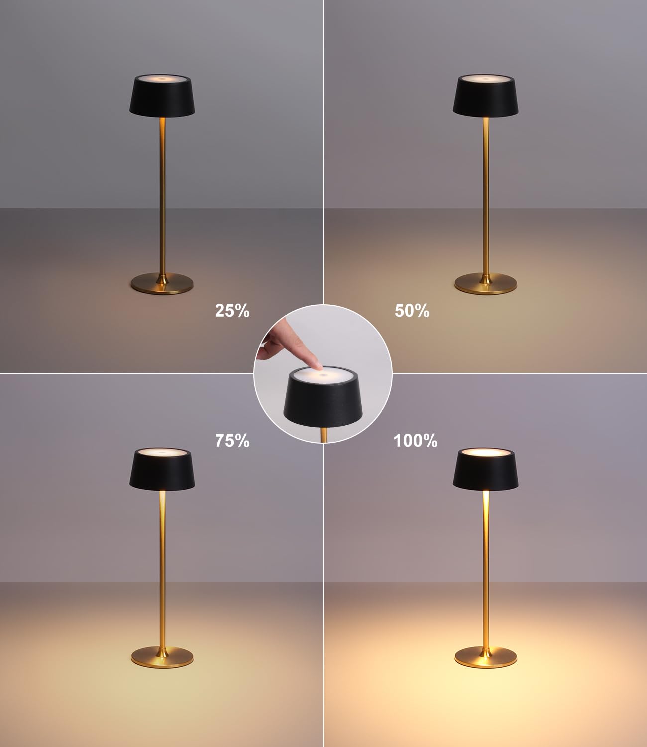 Dawalight Cordless Lamp 4000Mah Rechargeable Tbale Lamp Led Desk Lamp Stepless Dimming Black And Gold Battery Operated Portable Cordless 2700K Gold Base