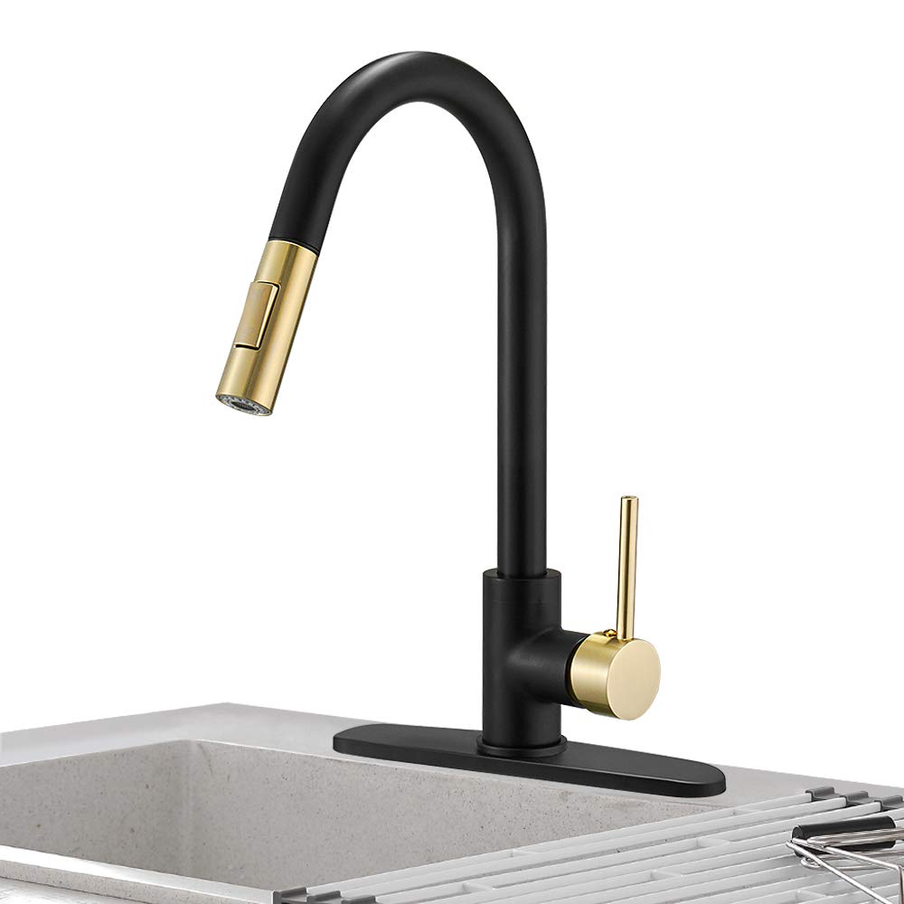 Hoimpro High-Arc Single Handle Kitchen Sink Faucet With Pull Out Sprayer, Modern Rv Kitchen Faucet With Pull Down Sprayer, Touch Water Faucet, Brass/Matte Black & Gold(1 Or 3 Hole)