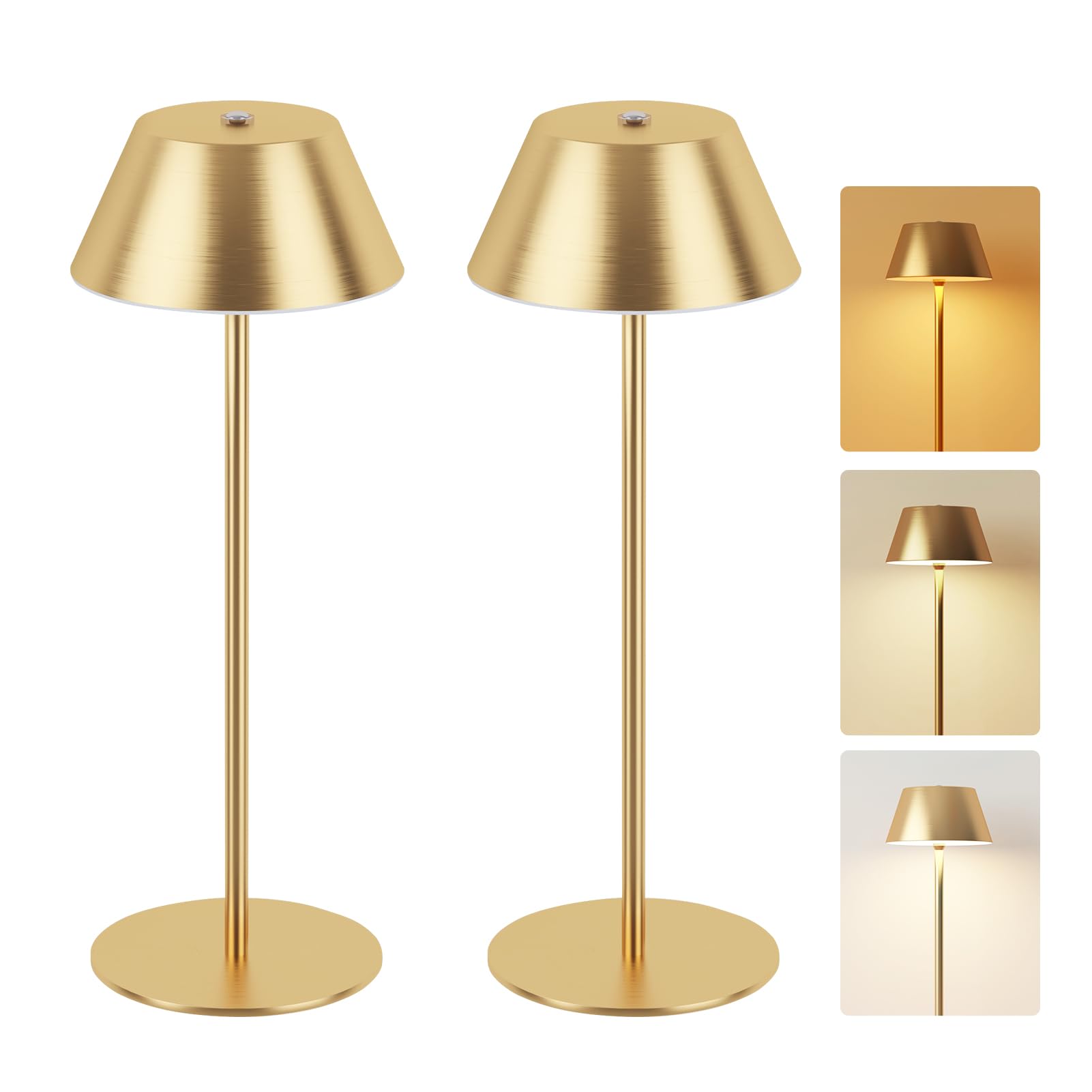 Loftek Cordless Table Lamp 2 Pack, 5200Mah Battery, 3 Adjustable Height, 3 Colors Smooth Dimming, Outdoor Led Light Waterproof For Dining Room, Bedroom, Bar, Restaurant, Patio, Camping (Gold)