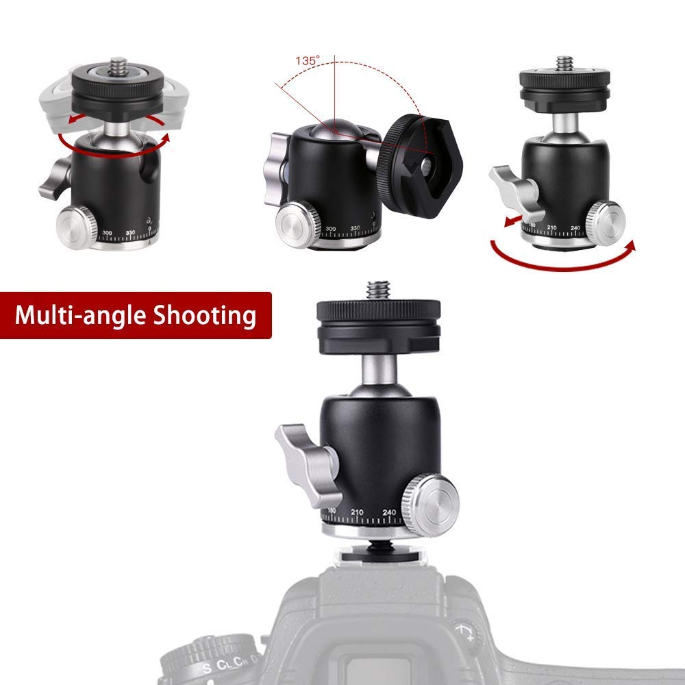 Fayeegin Camera Tripod Mini Ball Head Mount With Cold Shoe - Metal Professional Panoramic Ballhead 360° Pan 90° Tilt Tripod Mount Adapter With 1/4" Screw For Dslr Camera/Light Stand/Cell Phone/Monopod/Gopro