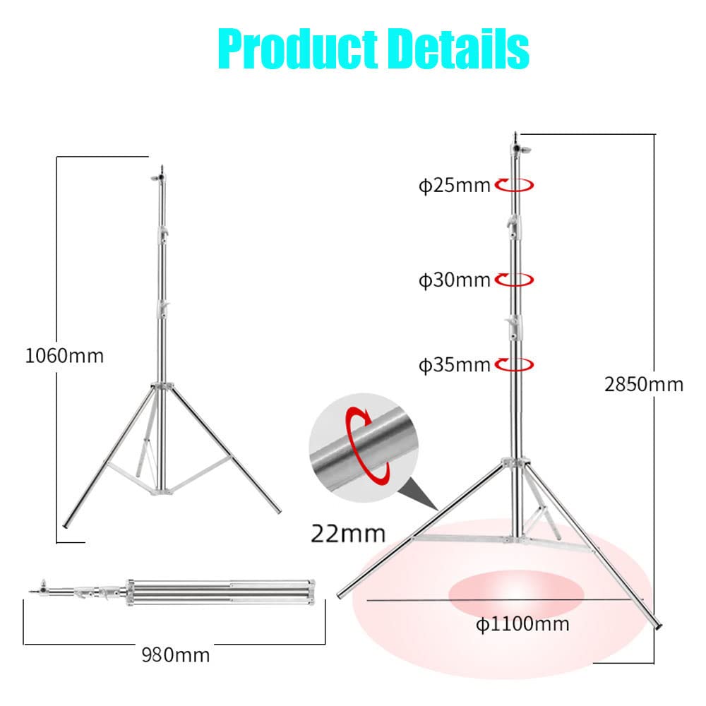 Cevoqin Light Stand Photography Heavy Duty Stainless Steel Light Stand,Photography Spring Cushion Light Stand With 1/4"To3/8" Universal Adapter For Studio Strobe Flash Softbox Max Load 22Lb Length 9.3Ft/112In