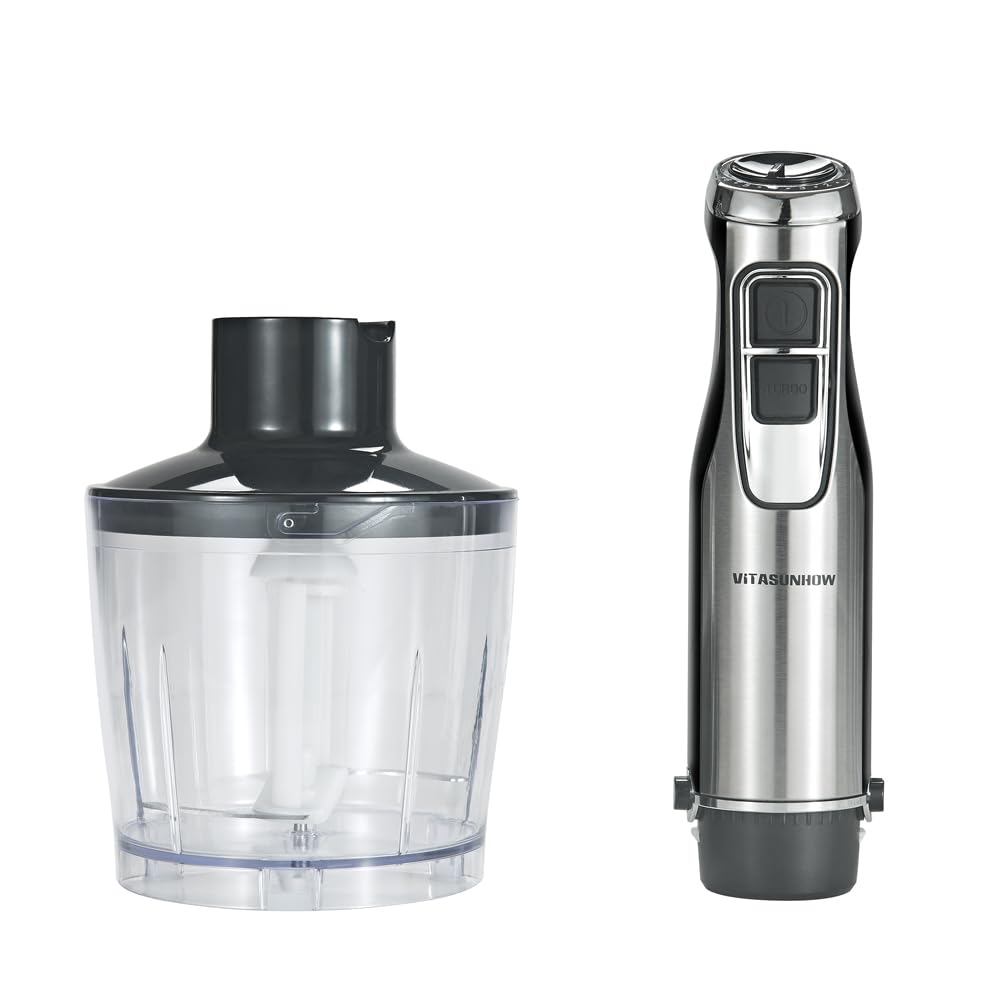 Vitasunhow Immersion Hand Blender, 4-In-1 Stainless Steel Handle Blender, 500W 6 Varible Speeds & Turbo, 600Ml Mixing Beaker,500Ml Food Processor, Whisk
