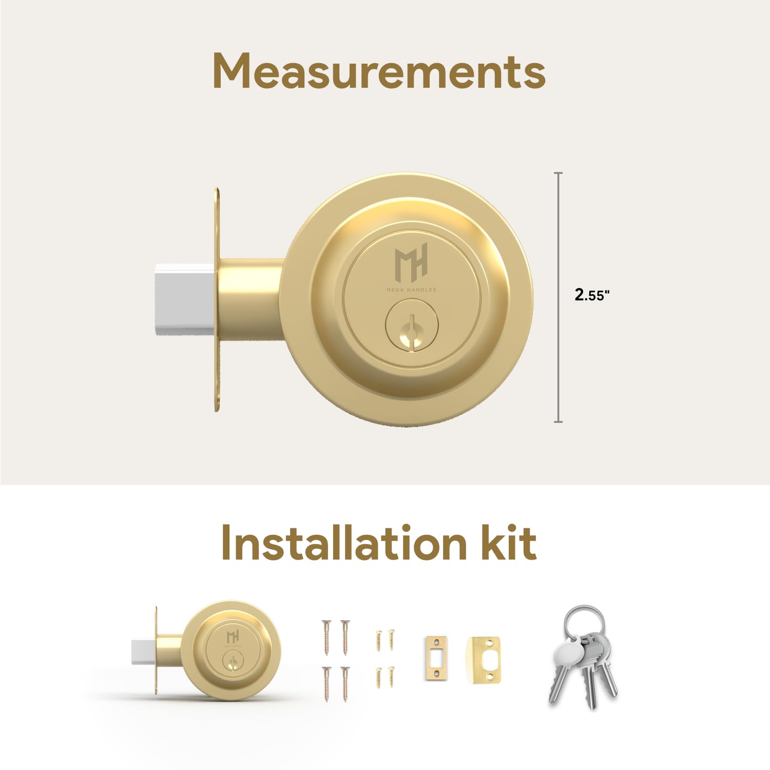 Mega Handles - Buena Deadbolt I Entry Deadbolt Lock - Heavy Duty Round Locking Deadbolt For Left Or Right-Handed Doors - Interior/Exterior - Satin Brass