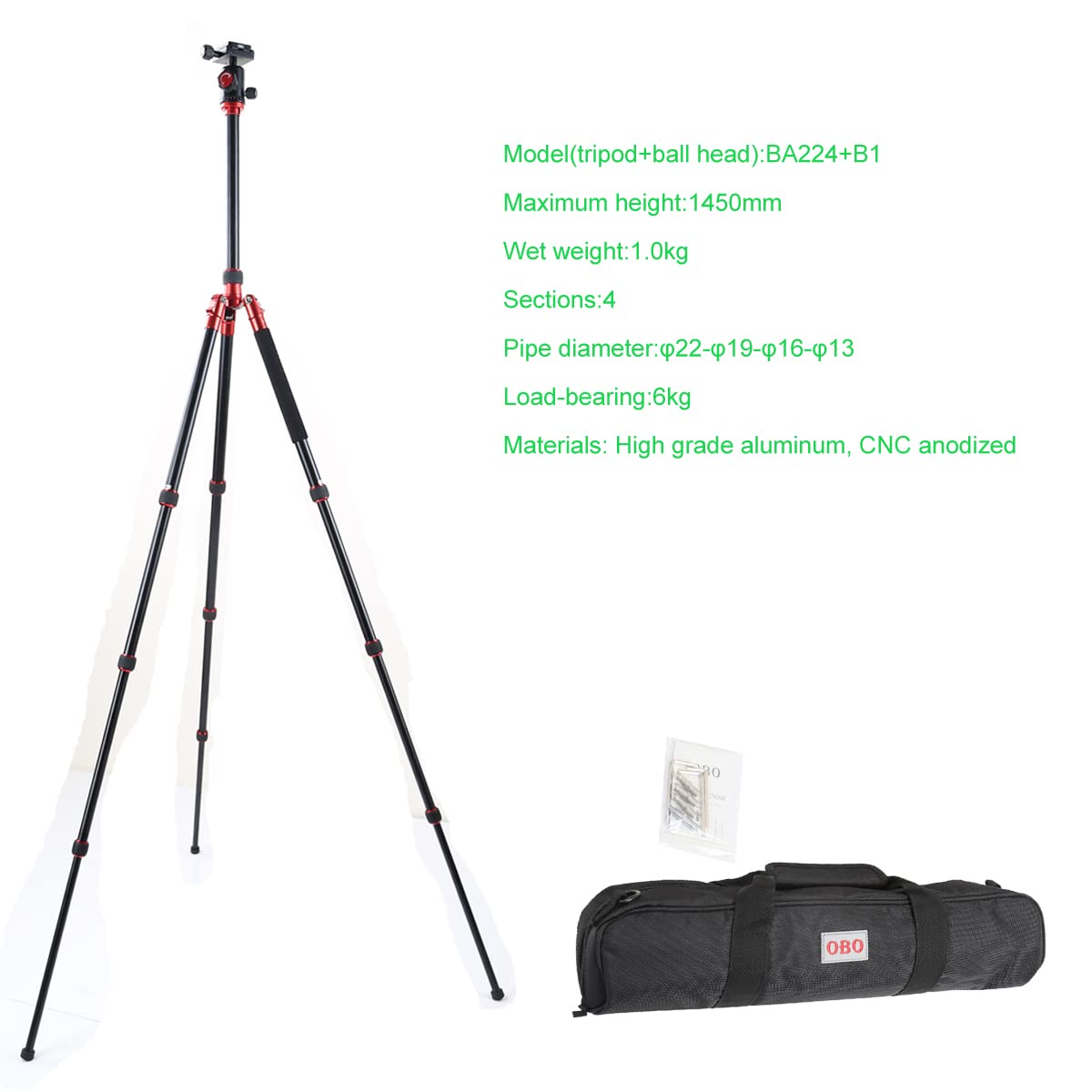 Obo Ba224+B1 Aluminum Tripod With Panoramic Head For Digital Camera (Black)