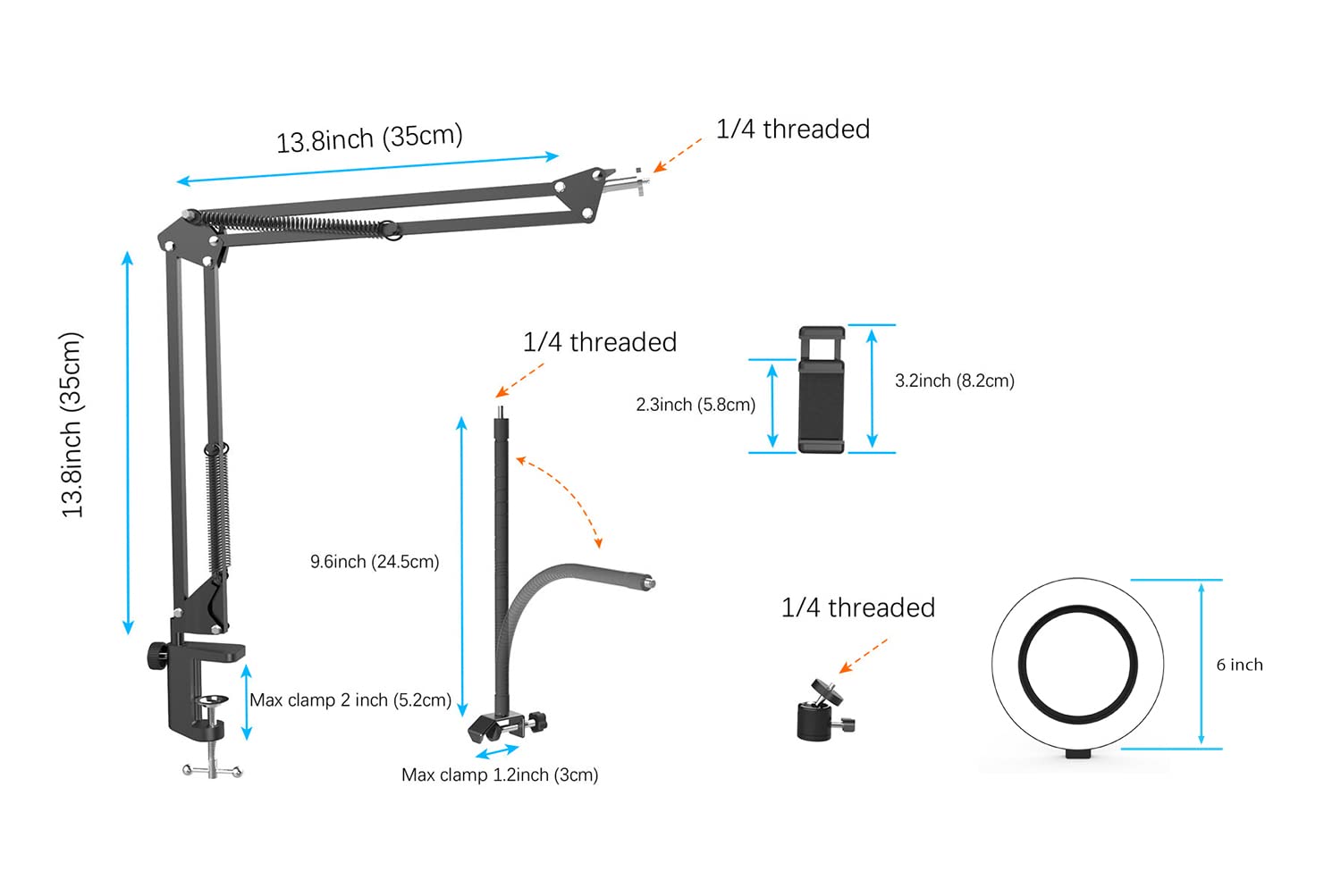Pozliv Overhead Camera Mount With Ring Light, Flexible Articulating Phone Arm Stand Compatible With Iphone, Logitech Webcam, Desk Tripod For Youtube Live Stream Cooking Nail Video Recording