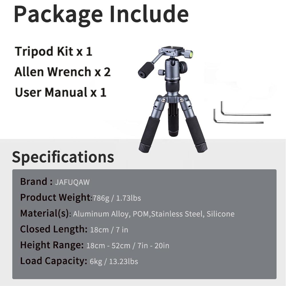 Jafuqaw Portable Desktop Mini Tripod With Panning Handle, 20" / 52Cm Desk Tabletop Aluminum Alloy With 360° Ball Head, Compact Tripod For Dslr Camera Video Camcorder, Load Up To 13Lb / 6Kg