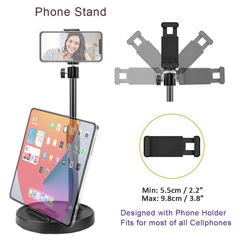 Etubby [3-In-1] Desktop Microphone Stand With Phone Holder, Adjustable Desk Table Mic Stand Webcam Stand Phone Stand With Mic Clip, Phone Clip, 3/8" To 5/8" Metal Adapter, Tripod Head