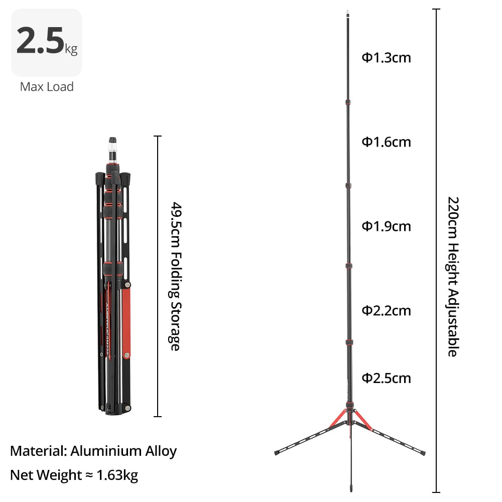 Ambitful Light Stand 220 Cm - Aluminium Lamp Tripod Portable Tripod Lighting Tripod Load 2.5 Kg Photo Light Stand For Outdoor Photography Ring Light Flash Light ，Weight 600G With Carry Bag