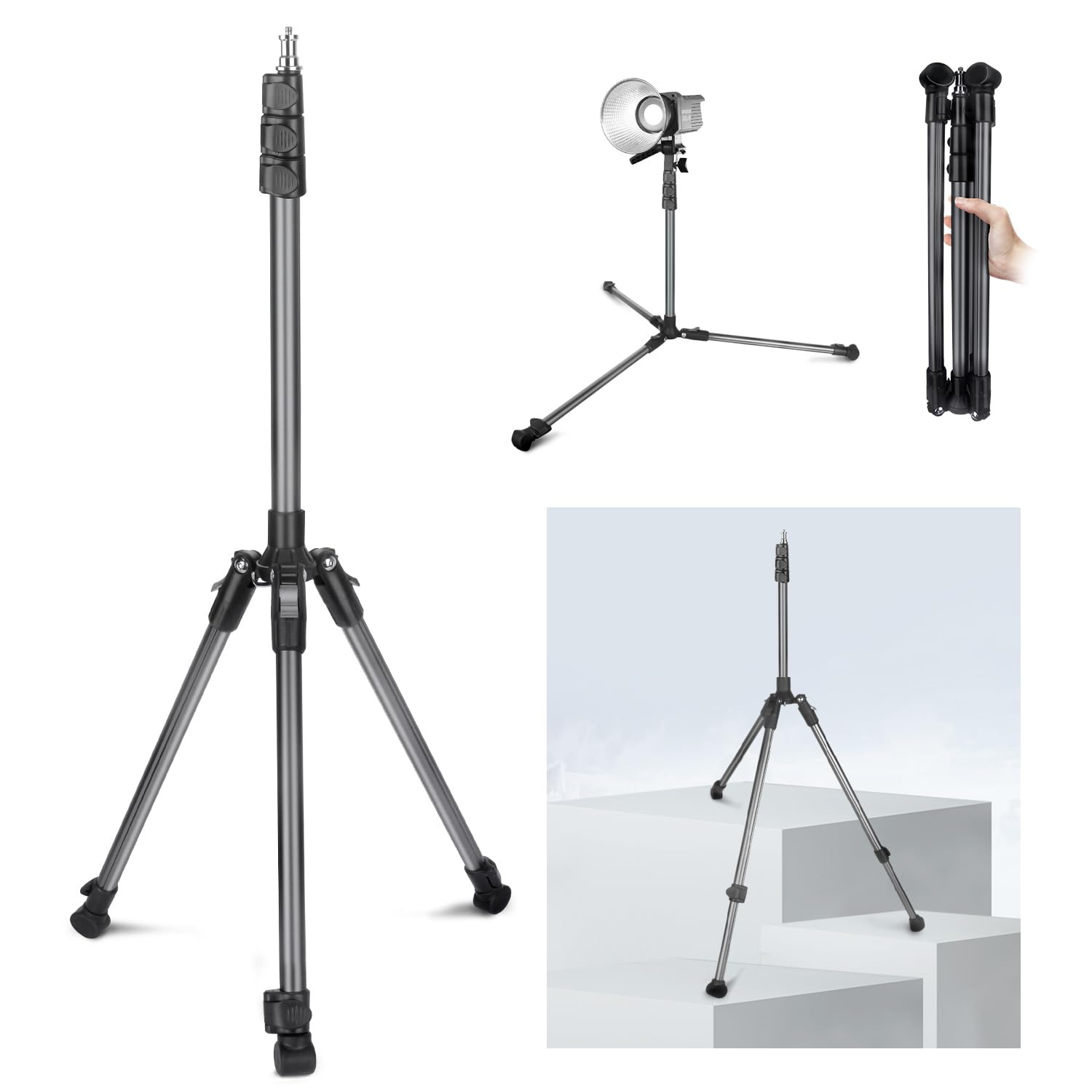 Jebutu Extendable Photography Light Stand, Adjustable 6.6Ft/2M Aluminum Light Tripod Stand For Travel, Reversible Portable Studio Lighting Tripod For Ring Light Camera Flash Light Strobe Light Webcam Softbox