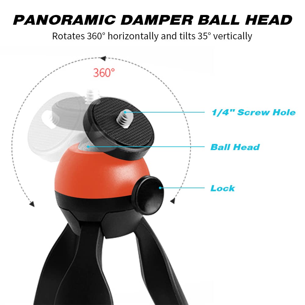 Aoesin Mini Phone & Camera & Webcam Tripod Stand, 360° Ball Head Panoramic Shooting, Work Height 5.7 Inch, With Phone Clamp And Gopro Adaptor, Lightweight 0.3 Lb And Portable, Red
