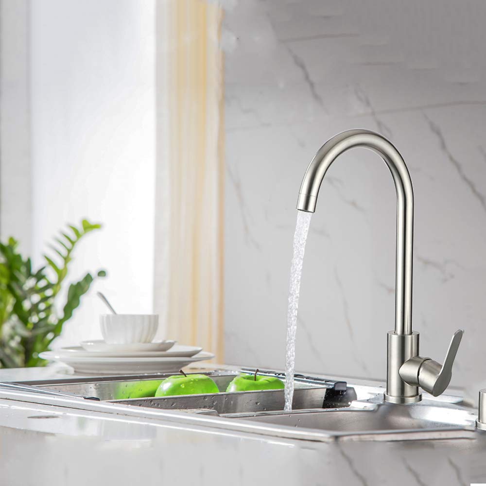 Hoyoju Kitchen Sink Faucet Mix - Single Handle Hot And Cold 304 Stainless Steel Kitchen & Bath Fixture - Brushed Nickel Finish
