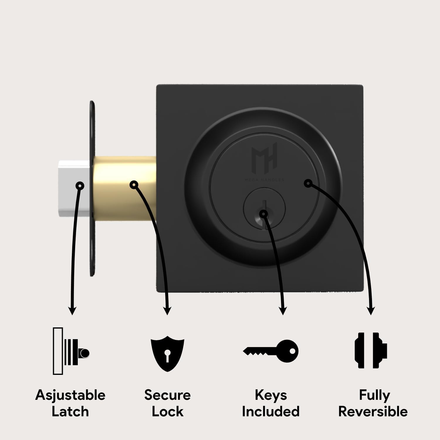 Mega Handles - Prime Deadbolt I Entry Deadbolt Lock - Heavy Duty Square Locking Deadbolt For Left Or Right-Handed Doors - Interior/Exterior - Matte Black