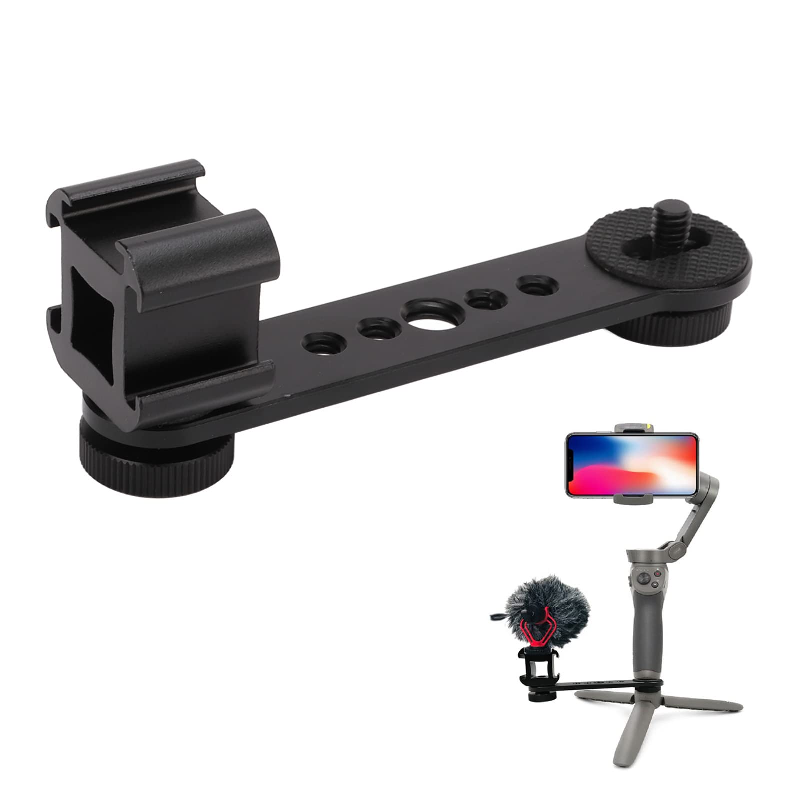 Hilitand Triple Cold Shoe Mount, Gimbal Microphone Light Extension Bar Bracket Aluminium Alloy With 1/4In And 3/8In Screw Holes For Dji Om 3/2, For Zhiyun Smooth 4, For Feiyu Gimbal Stabilizer(Black)