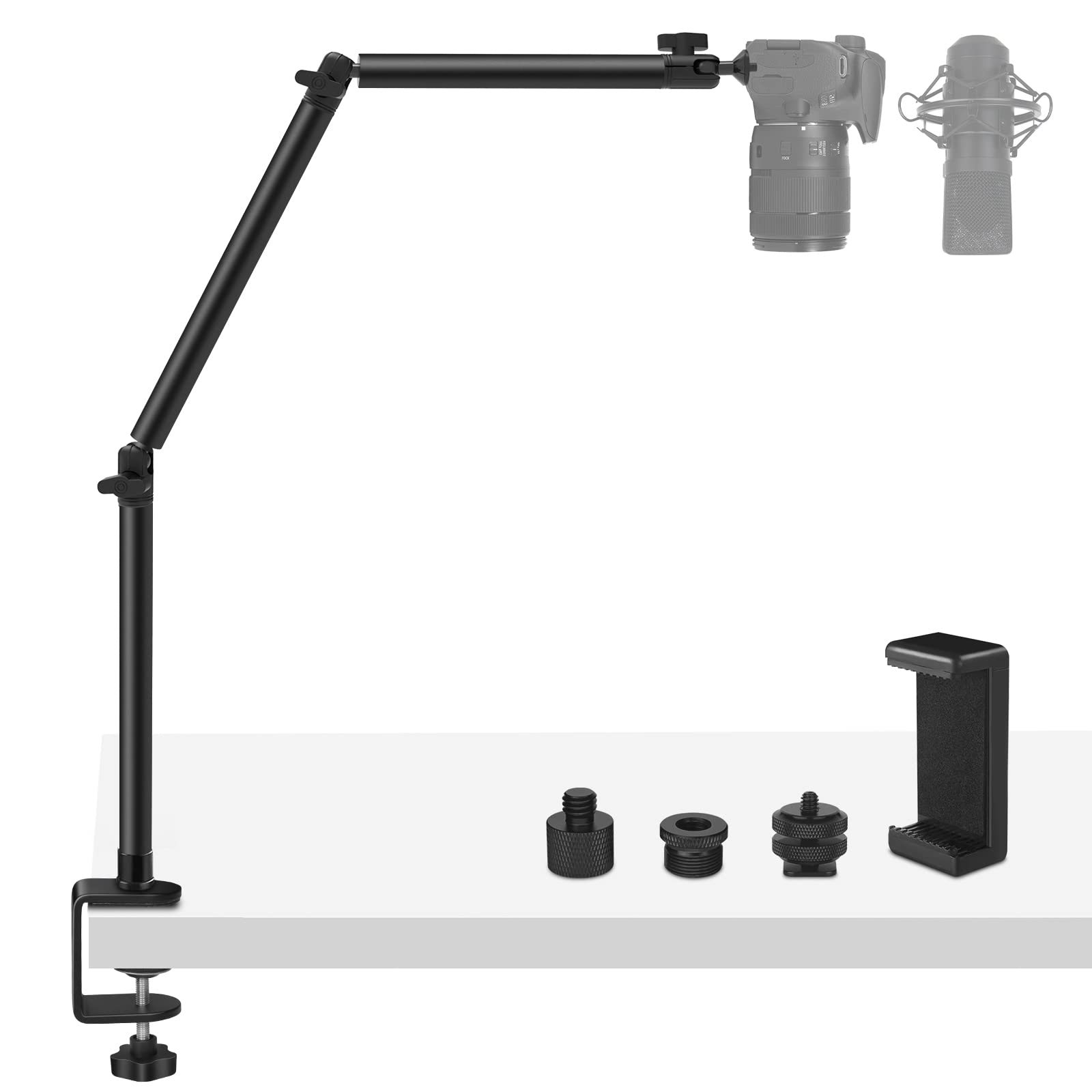 Obeamiu Overhead Camera Mount Desk Stand, Flexible Articulated Arm Dslr Desk Mount Light Stand Phone Holder With 1/4" 3/8'' 5/8'' Screw, Clamp Tabletop Stand For Podcasting/Light/Blue Yeti Nano/Webcam