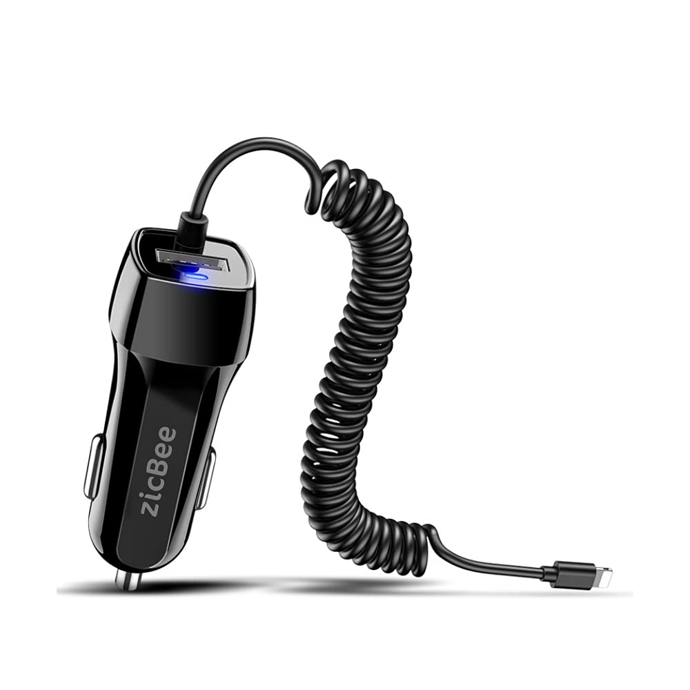 Zicbee Car Charger For Iphone, 3.6A/18W Built-In 4.9Ft Spiral Lightning Coiled Cable, 12-24V Fast Charging Cigarette Lighter Plug Adapter For Iphone 14 13 12 11 Mini Pro Max Plus Xr Se Xs X 8 7 6 5, Ipad