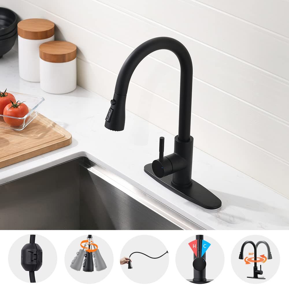 Owofan Black Kitchen Faucets With Pull Down Sprayer Kitchen Sink Faucet With Pull Out Sprayer Single Hole Deck Mount Single Handle Stainless Steel Grifos De Cocina 866068R