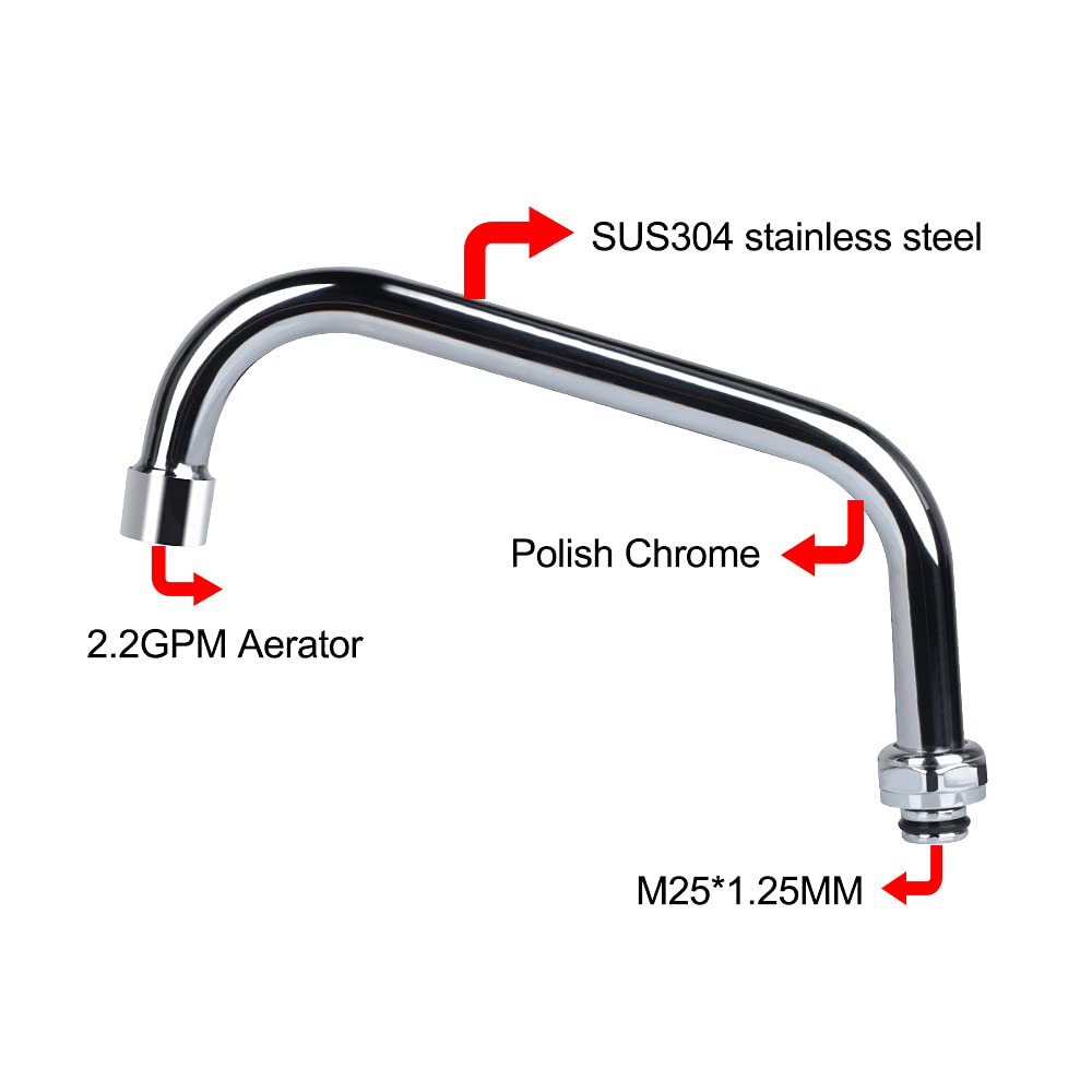 Kwode Swivel Swing Nozzle Spout 12 Inch Replacement Kit For Commercial Kitchen Sink Faucet Stainless Steel Add-On Spout Fits For 2 Or 3 Bay Compartment Sinks, Chrome Finish (M251.25Mm)