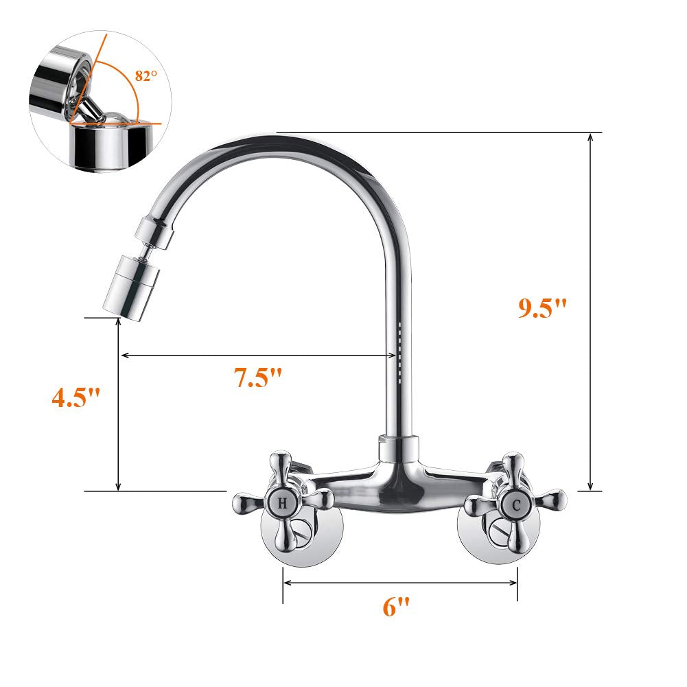 Rulia Wall Mount Kitchen Sink Faucet, 6 Inch Center Sink Faucet, In Wall Faucet Kitchen Sink, Kitchen Wall Faucets, Wall Faucet Sink, Two Cross Handles Kitchen Faucet, Chrome, Rb1026
