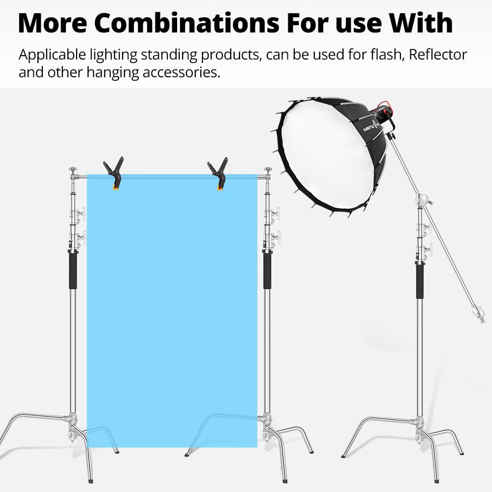 Ambitful Stainless Steel Heavy Duty C-Stand, 150 Cm - 320 Cm, Adjustable Photographic Sturdy Tripod With Wheels For Reflectors, Softboxes, Monolights, Heavy Duty Holding Arm