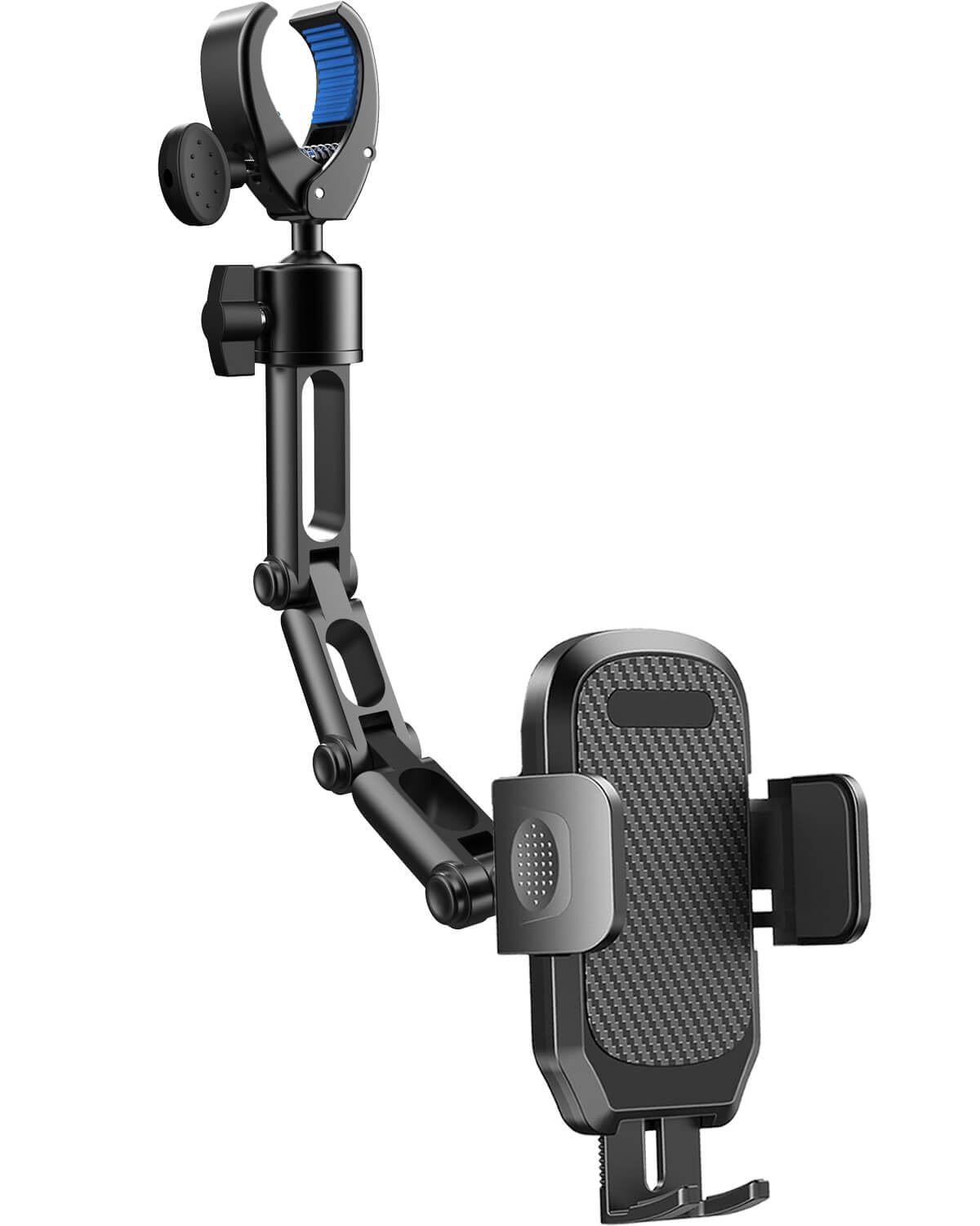 Quyee Phone Holder Car, Rear View Mirror Phone Holder - Aluminum Alloy Mount Multi-Angle Adjustment Rotatable And Retractable Compatible With All 4-7 Inch Iphone And Android Cell Phones (Black)