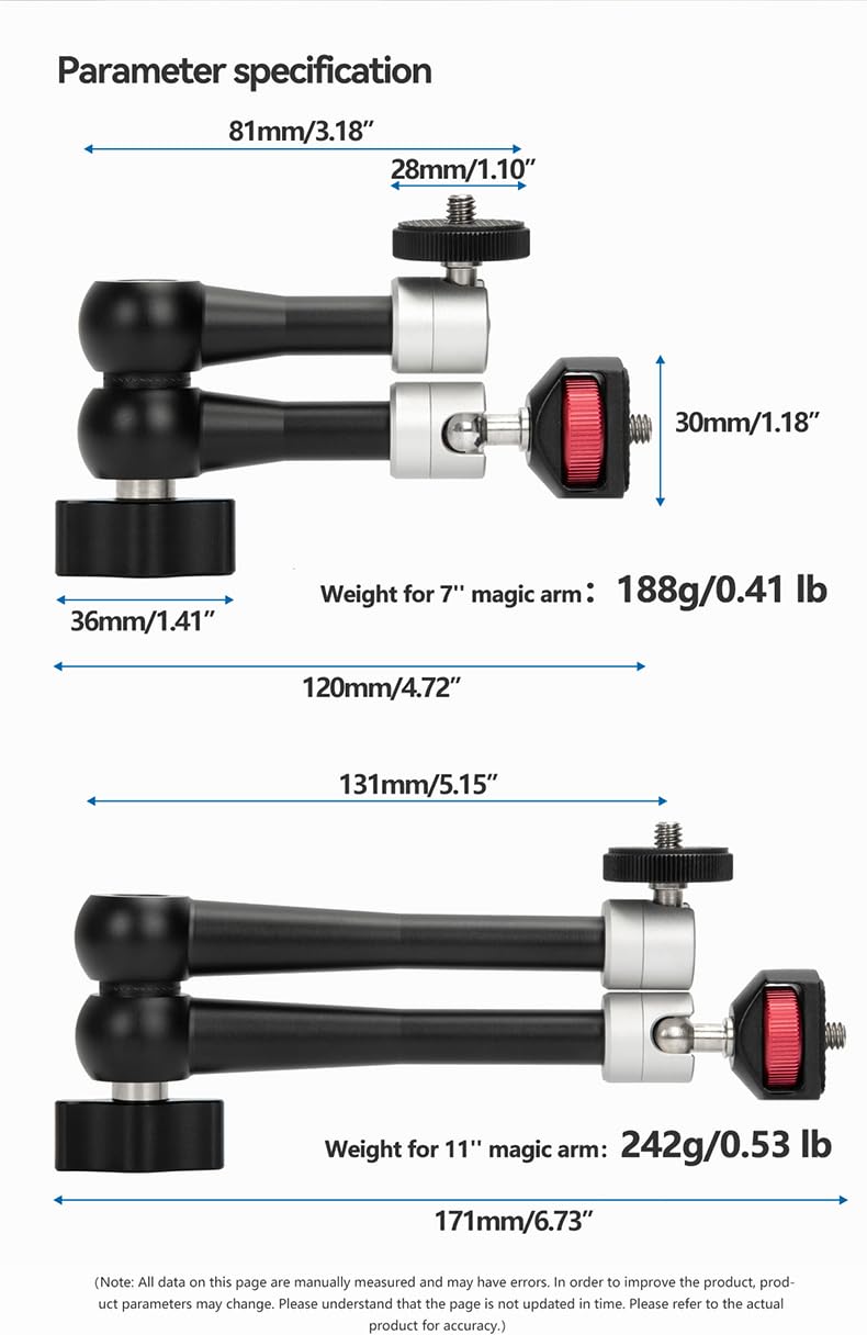 Reflex Camera 11” Articulating Magic Arm 360° Rotation - Camera Monitor Mount With 1/4” & 3/8" Mount Screw, Fully Adjustable - 2Kg Load - Friction Arm For Led Lights, Dslr, Monitors & Microphones