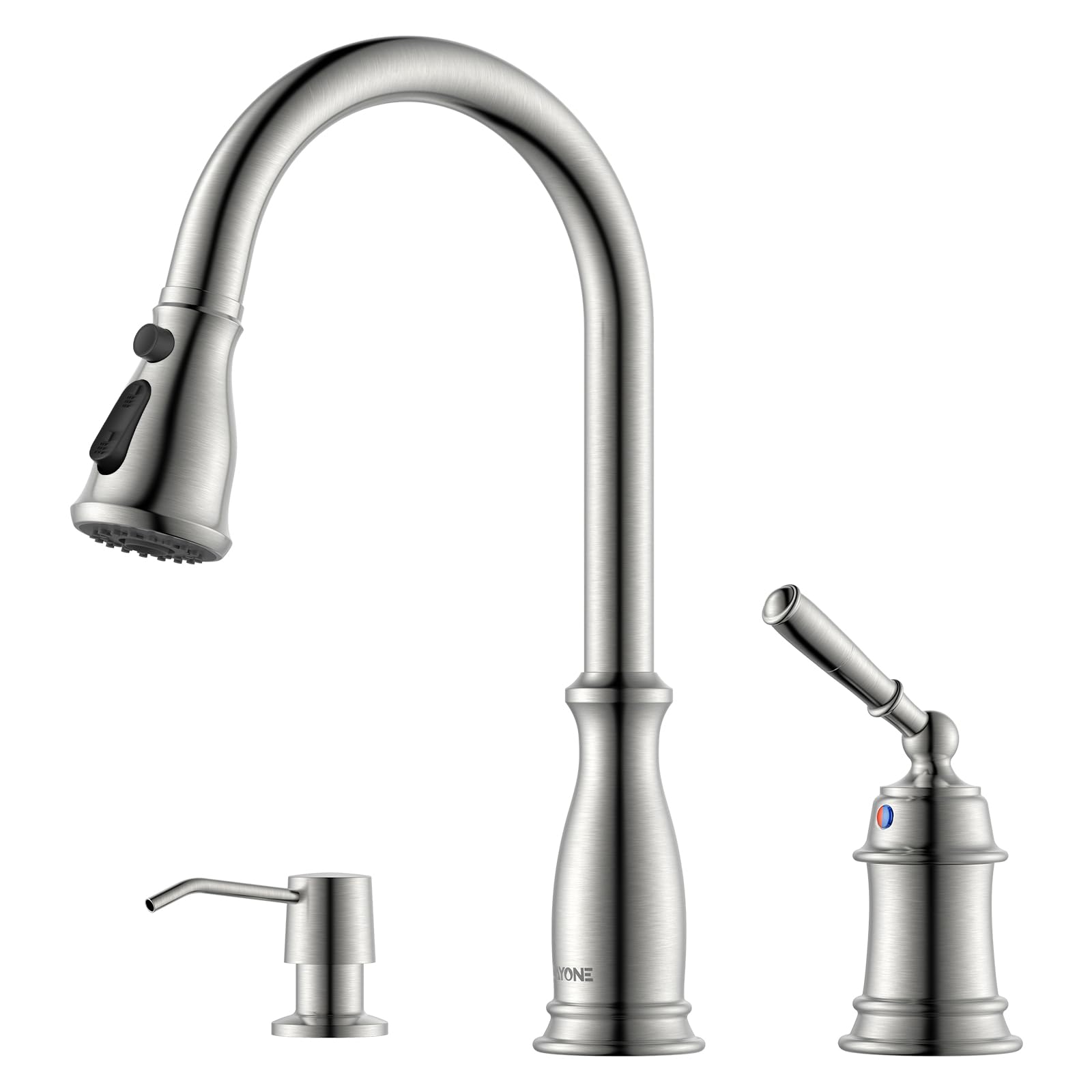 Dayone 3 Holes Kitchen Sink Faucets With Pull Down Sprayer And Soap Dispenser, 2 Holes Brushed Nickel Sink Faucet For Kitchen By Dayone, Single Handle High Arc, Day-279Bn