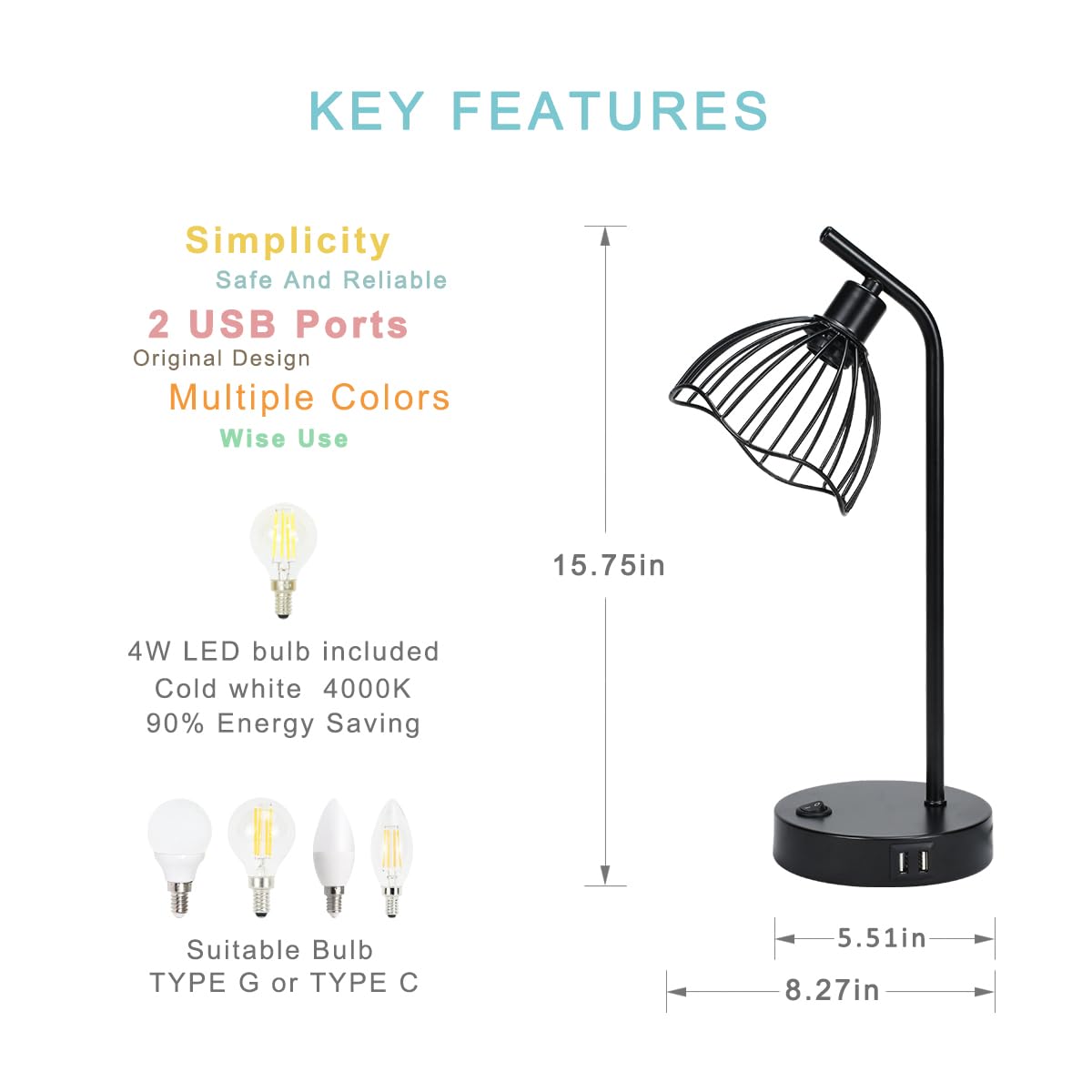 Lampwell Lucia Black Usb Table Lamp With Usb Port Set Of 2,Modern Bedside Night Table Lamp For Living Room Bedroom,8.27×5.51×H15.75In,Bulb Include