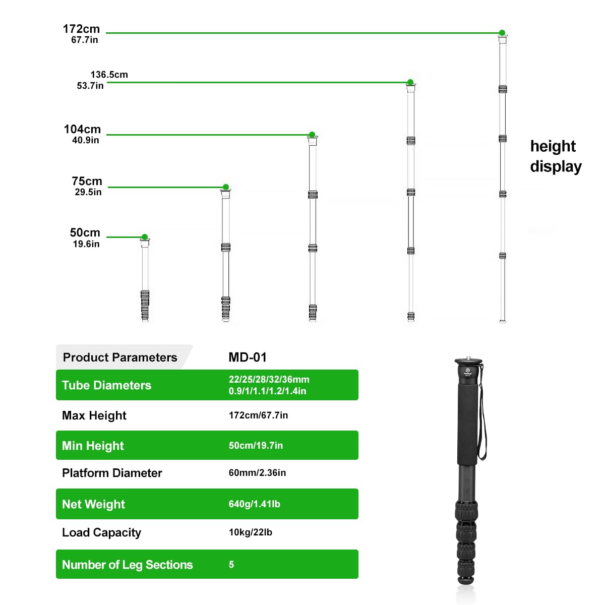 Fanaue Md-01 Camera Monopod Stand With 1/4"-20 And 3/8"-16 Threads, Carbon Fiber Monopod For Canon Nikon Sony And Dslr Cameras, Lightweight Travel Tripod Load 10Kg/22Lbs, Great For Outdoor Photography
