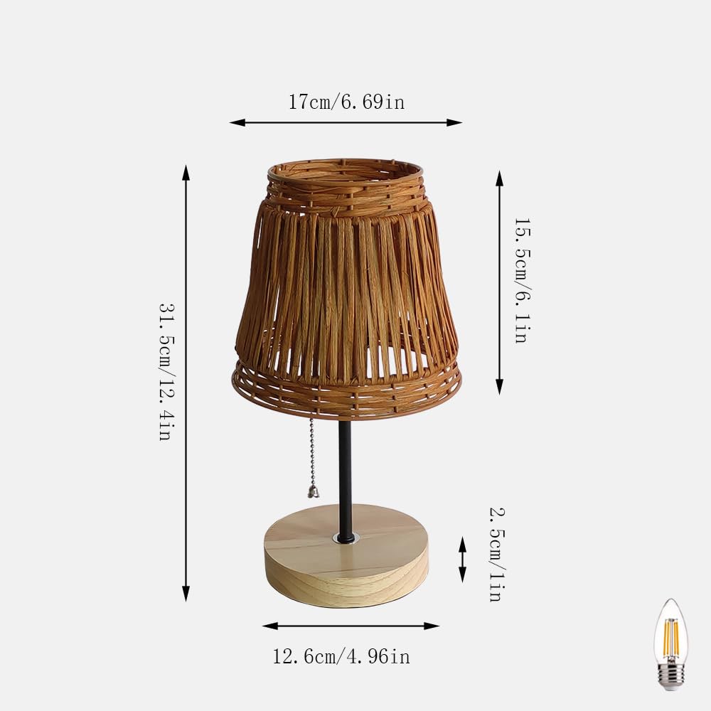 Pakuyhou Handmade Boho Rattan Bedroom Small Table Lamp,With Brown Rattan Lamp Shade (Brown) With Pull Chain Lamp Holder,E26 Bulb Included