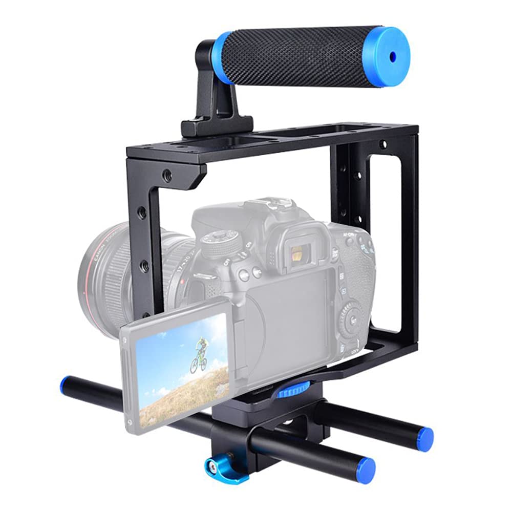 Foto&Tech Movie Making Dslr Camera Video Cage Mount Rig Large Cage Kit With Top Handle Grip 15Mm Rod Compatible With Canon 5D Mark Ii Iii,7D,70D,D800,D8100 Nikon Sony & Other Dslr Cameras (Blue+Black)