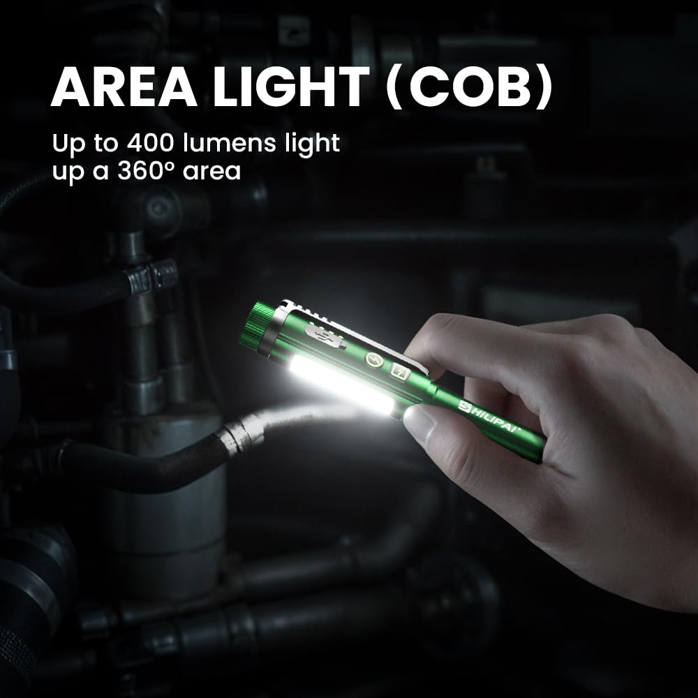 Shilipai Edc Flashlight With Work Light, Rechargeable Pocket Clip Dual Magnetic Base For Hands- Lighting, Portable Cob Led Dimmable Flashlight, Hazard Light -Green